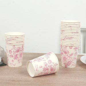 24-Pack Paper Cups 9oz White with Pink French Toile Print - Chic Disposable Floral Party Cups for Hot & Cold Beverages