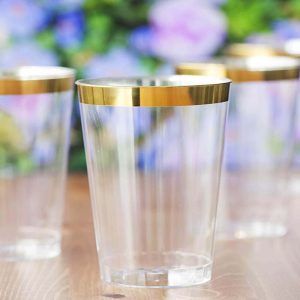 25-Pack Plastic Tumbler Cups 10oz Clear with Gold Rim - Disposable Crystal Drinking Glasses for Parties