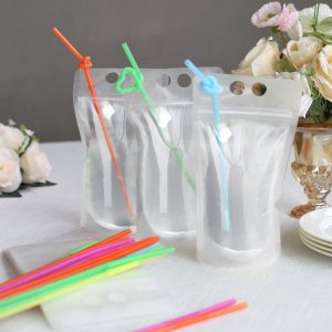 50-Pack Plastic Drink Pouches 12oz Clear with Straws and Zipper - Pack of 50 Pouches