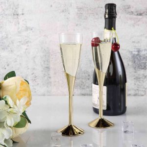 6-Pack Plastic Champagne Flutes 5oz Clear/Gold - Disposable Glasses with Detachable Base - Pack of 6 Flutes